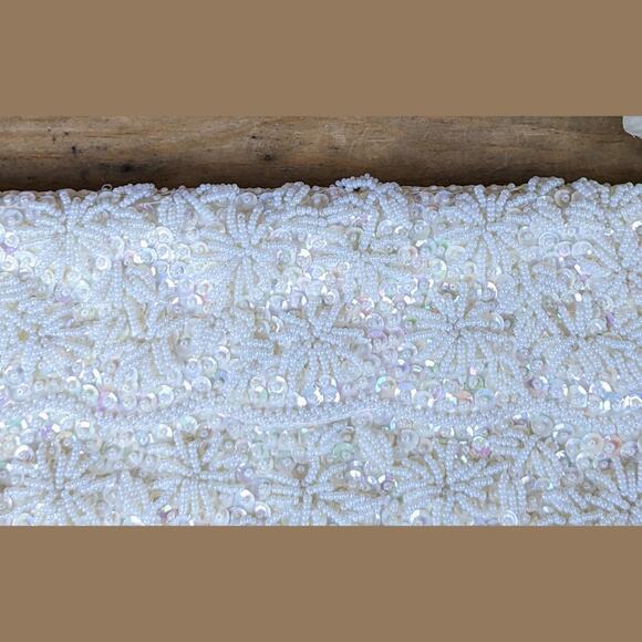 Vintage 60s Seed Bead & Sequin Ivory Floral Satin Clutch Evening Bag Hong Kong - Picture 5 of 10